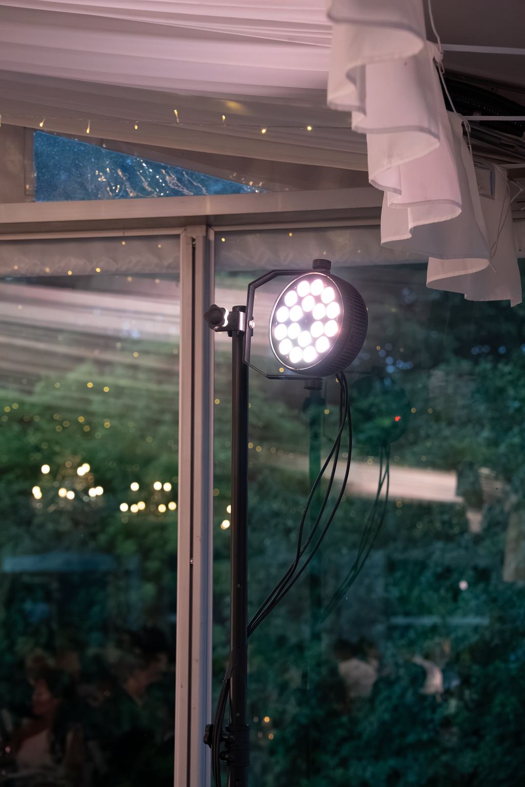 Uplighting fixture rigged for the reception